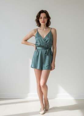 Ambition Sage Green Satin Mock Wrap Mini Dress with Tie Waist, Size S